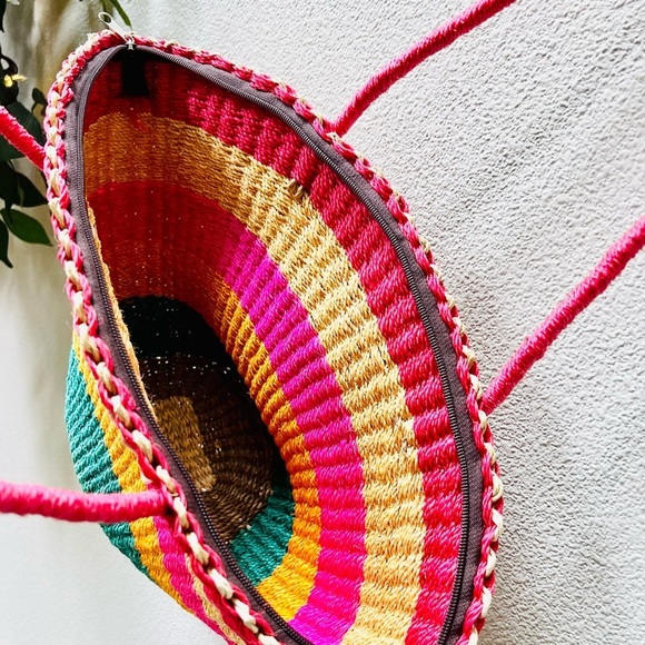 Bright Colorful Striped BORACAY Straw Zip Closure Boho Medium Tote Shoulder Bag - Picture 6 of 13